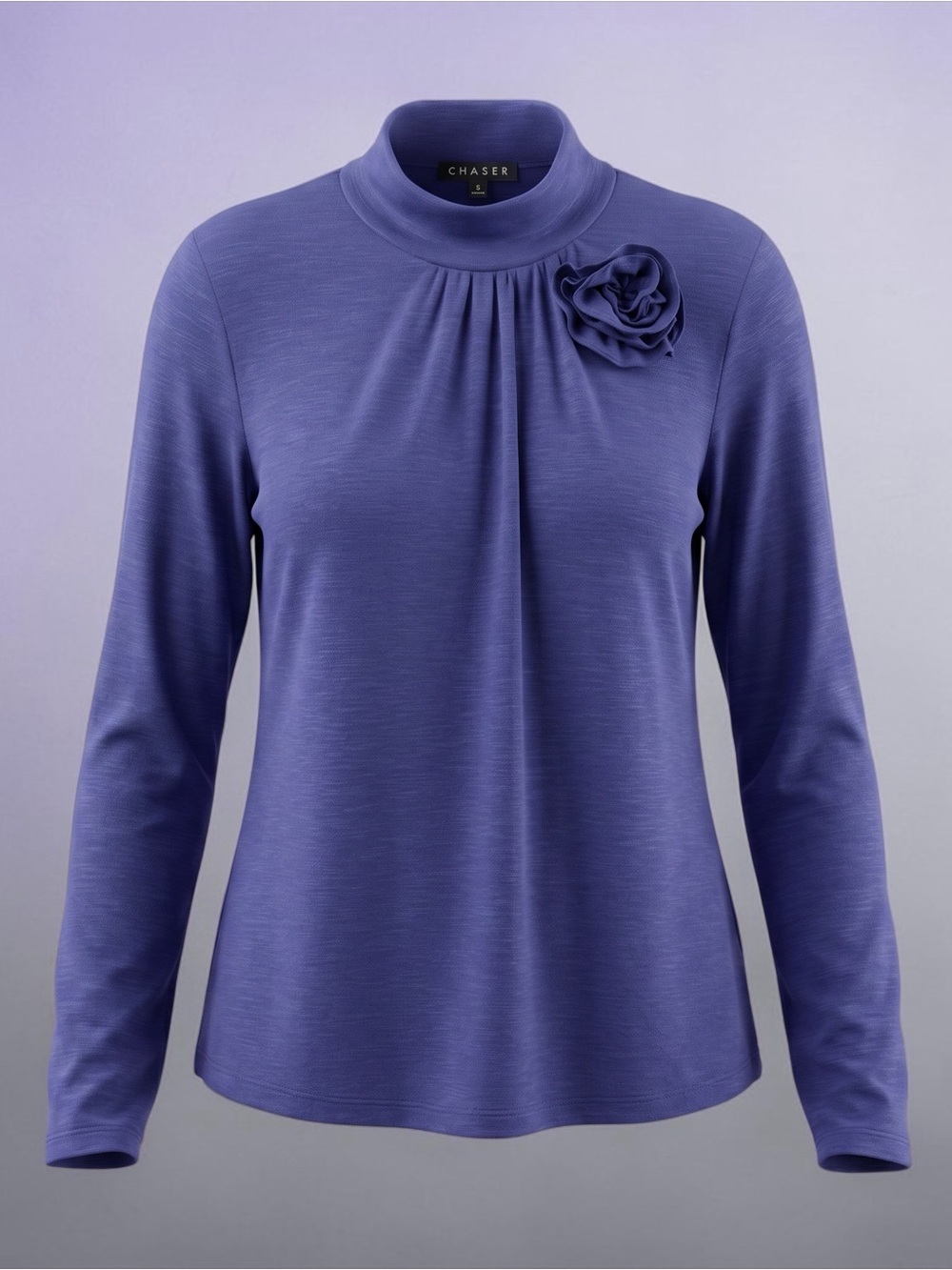 NWR CHASER Mock Neck Long Sleeve Top Navy Blue with 3D Flower Accent, S/M